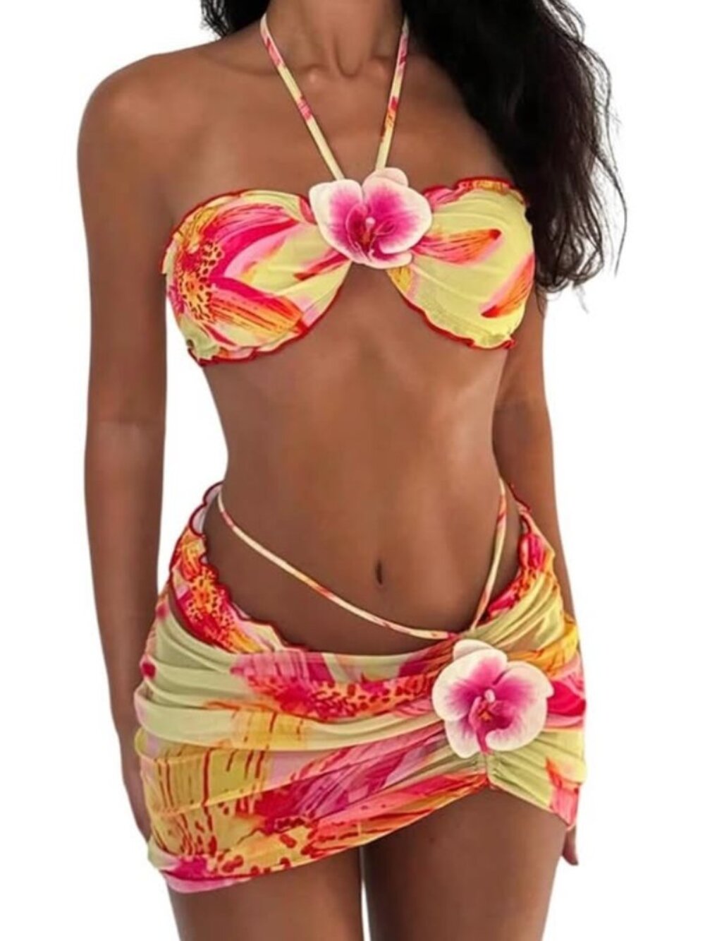 SOLY HUX Women’s Floral 3-Piece Bikini & Cover-Up Skirt Set Size Medium